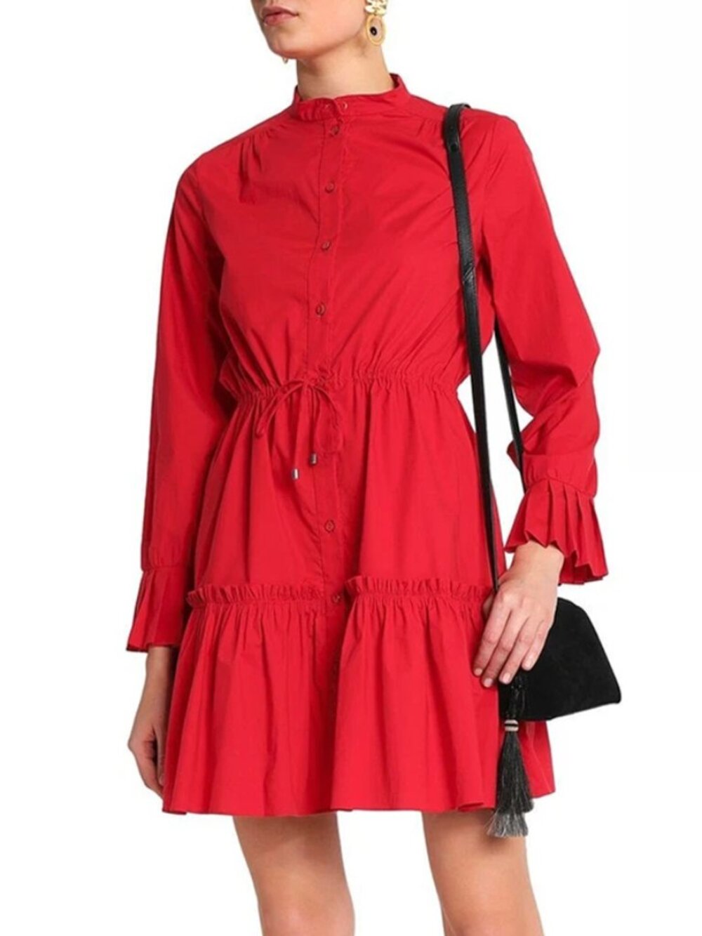 Saloni Red Cotton Button Down Ruffle Hem Mini Dress Size US 8